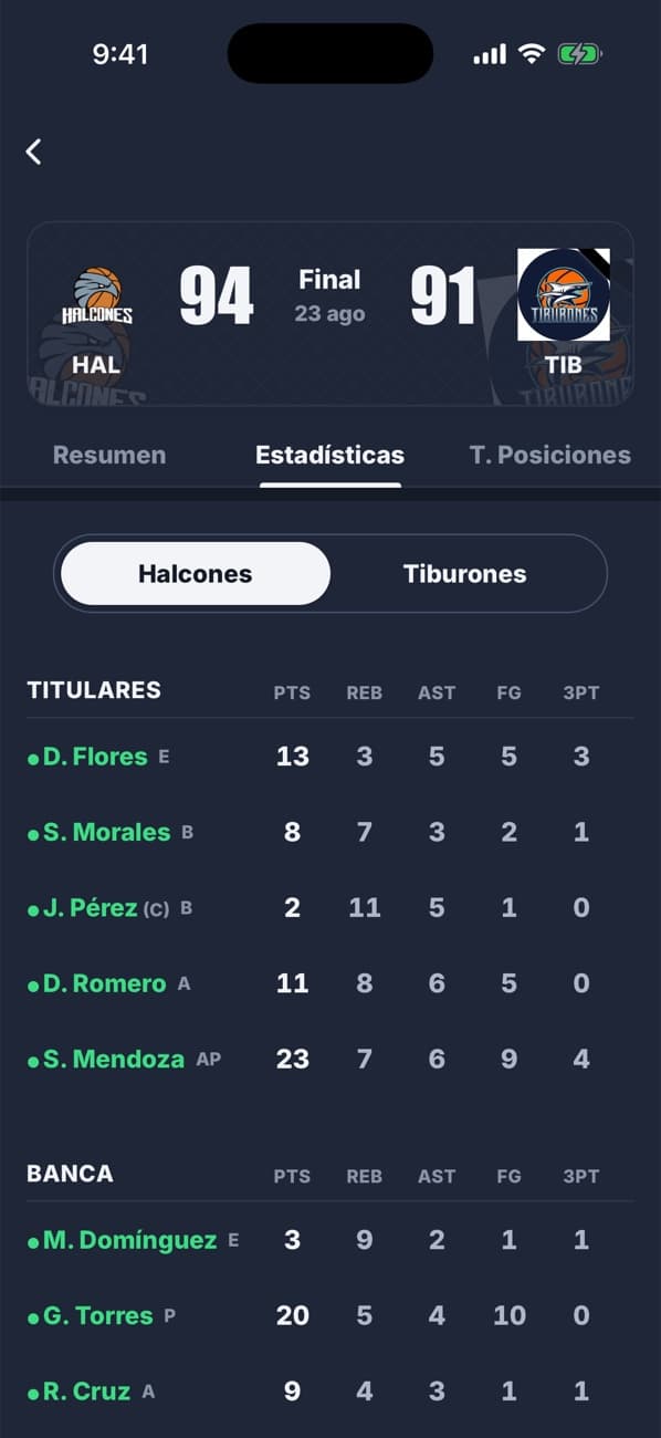 App móvil: Box score por jugador: puntos, rebotes, triples