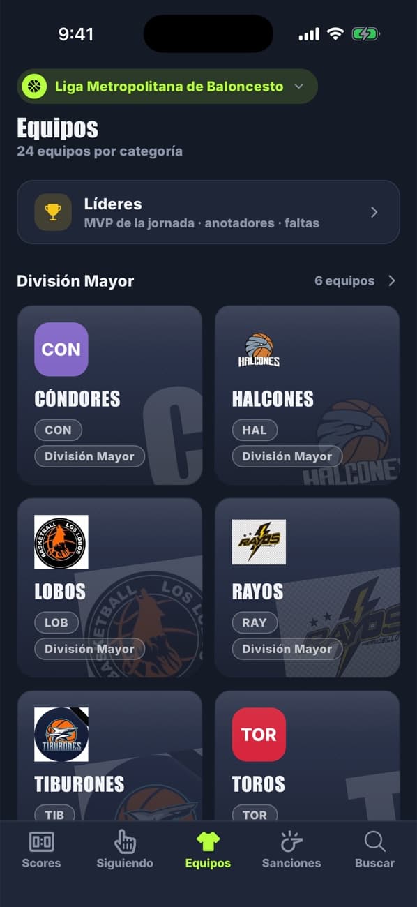 App móvil: Todos los equipos, con sus colores y logos
