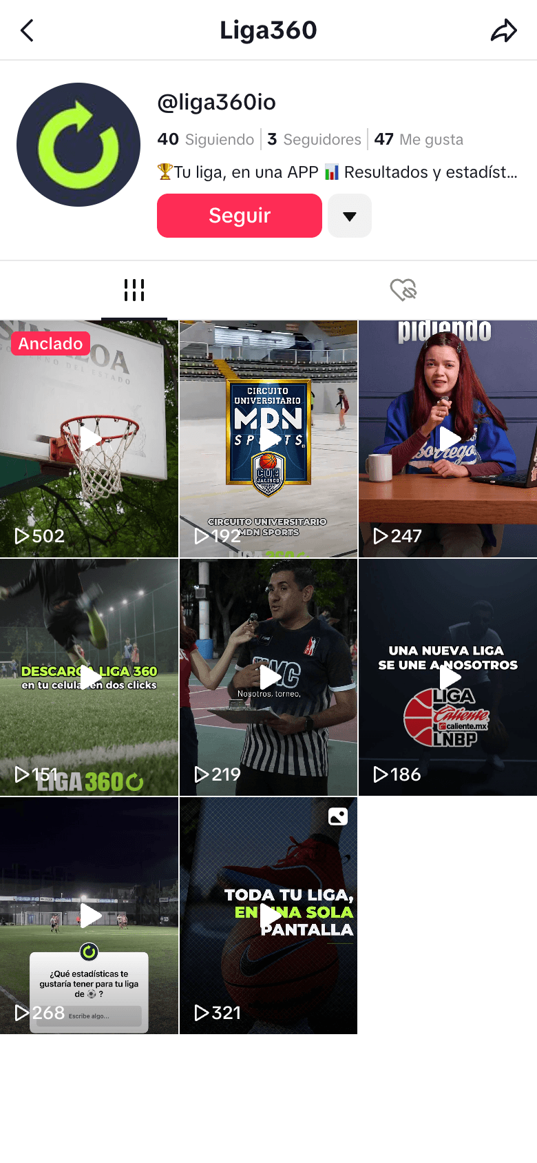 Perfil de Liga360 en TikTok (@liga360io), visto en el teléfono